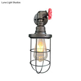 1-Light Industrial Wall Sconce With Cage Metallic Shade In Black/Rust For Corridors