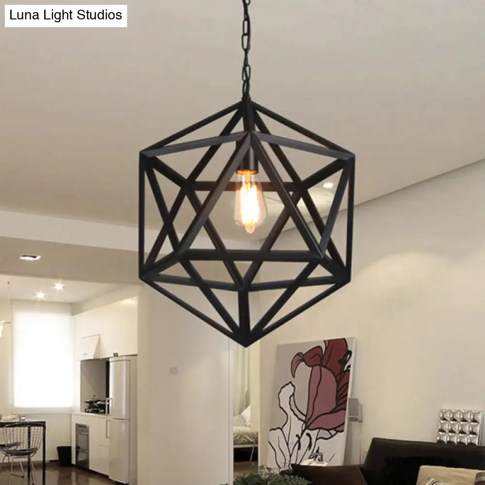 1-Light Retro Industrial Pendant Ceiling Light With Prism Cage And Metallic Finish