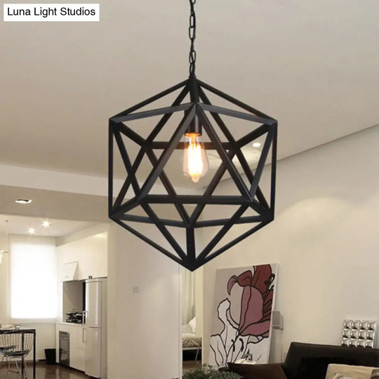 1-Light Retro Industrial Pendant Ceiling Light With Prism Cage And Metallic Finish