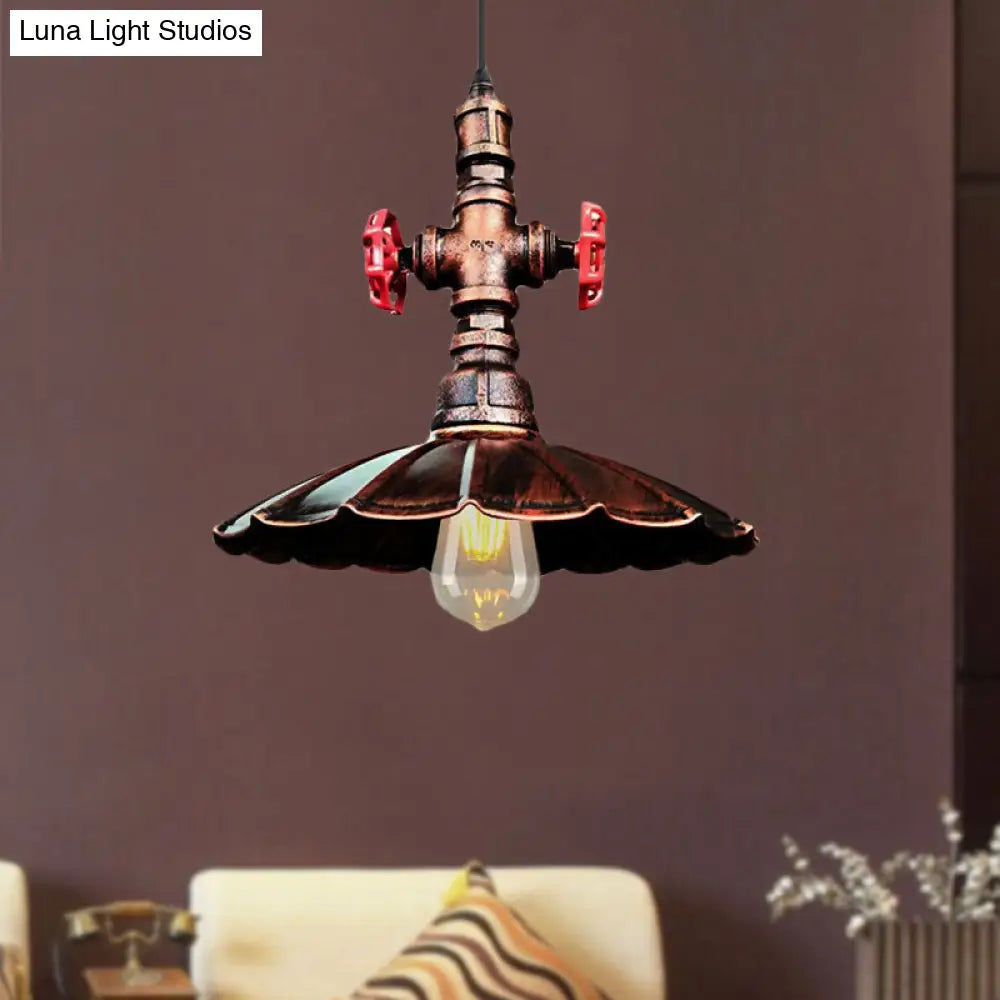 Rustic Brass Scalloped Ceiling Pendant Light With Pipe And Valve