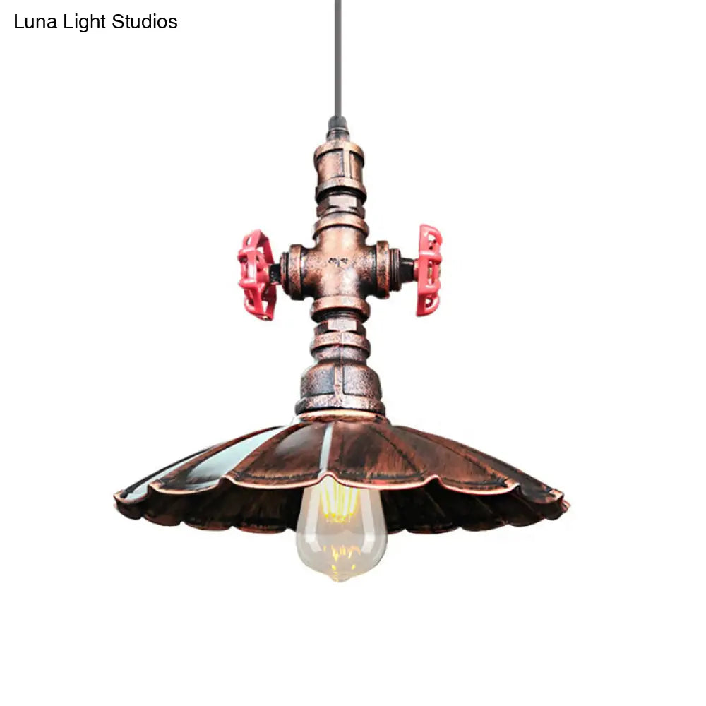 Rustic Brass Scalloped Ceiling Pendant Light With Pipe And Valve Weathered Copper