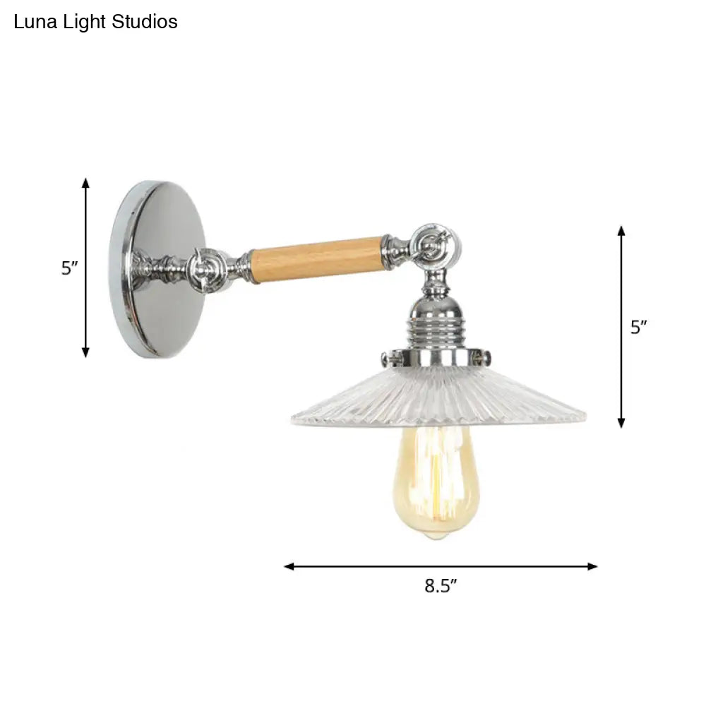 1-Light Rustic Wall Mounted Lamp - Clear Glass Rotatable Bowl/Cone/Bell Design In Chrome And Wood
