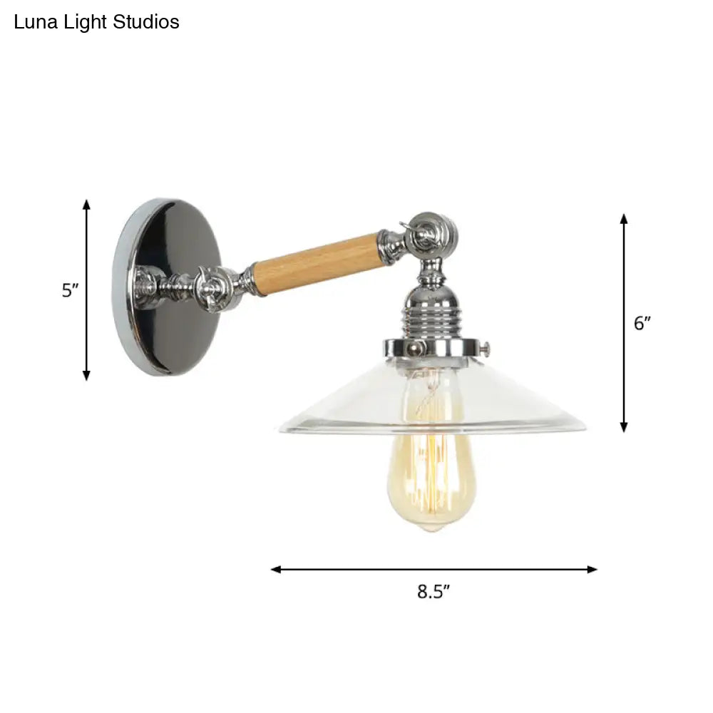 1-Light Rustic Wall Mounted Lamp - Clear Glass Rotatable Bowl/Cone/Bell Design In Chrome And Wood
