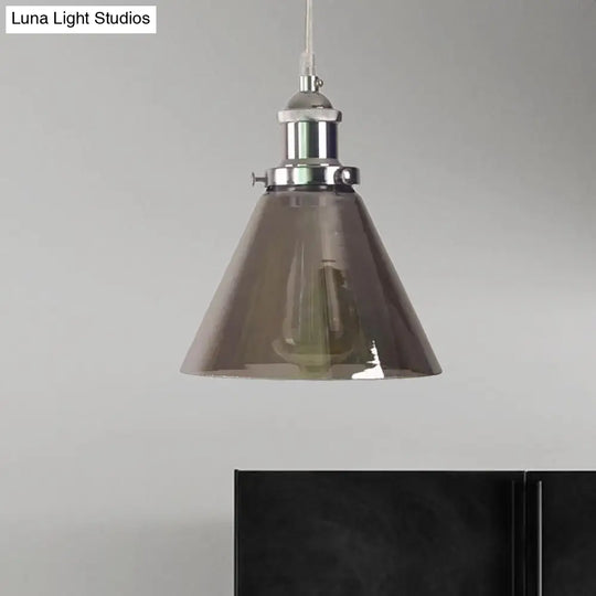 1-Light Smoked Glass Cone Pendant Lamp In Chrome - Industrial Barn Hanging Fixture