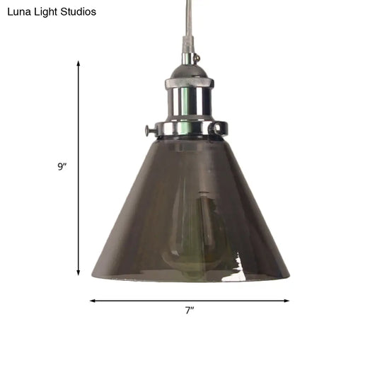 1-Light Smoked Glass Cone Pendant Lamp In Chrome - Industrial Barn Hanging Fixture