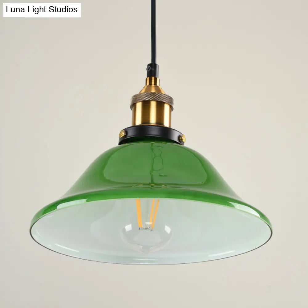 Vintage Brass Green Glass Carillon Pendant Light Fixture - 1-Light Suspension For Guest Room 8/10