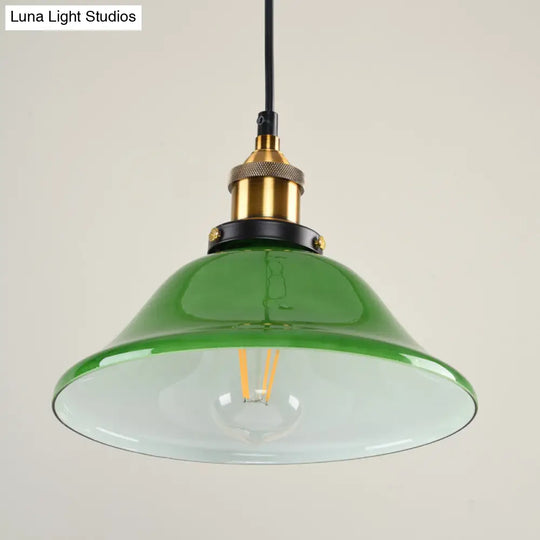 Vintage Brass Green Glass Carillon Pendant Light Fixture - 1-Light Suspension For Guest Room 8/10