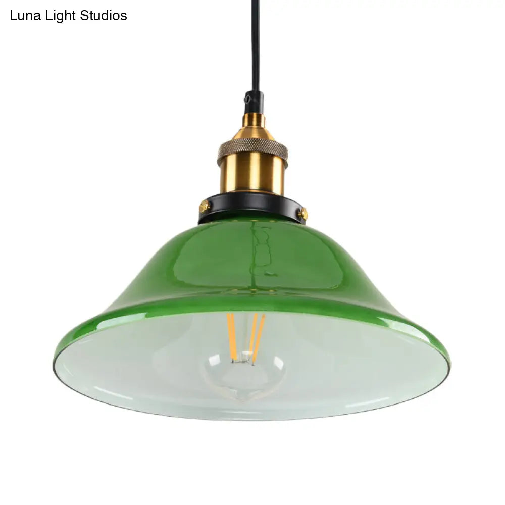 Vintage Brass Green Glass Carillon Pendant Light Fixture - 1-Light Suspension For Guest Room 8/10
