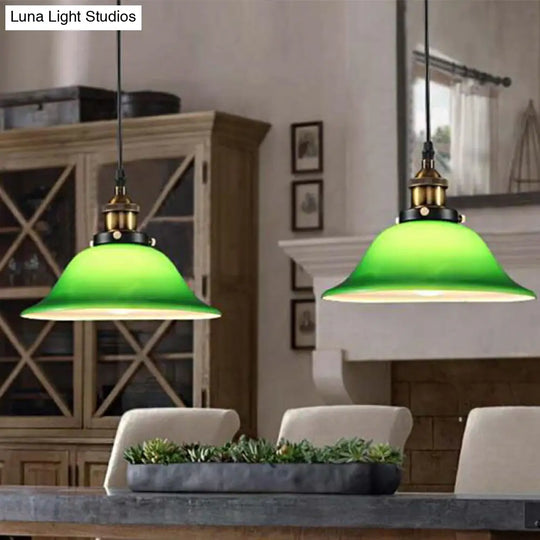 Vintage Brass Green Glass Carillon Pendant Light Fixture - 1-Light Suspension For Guest Room 8/10