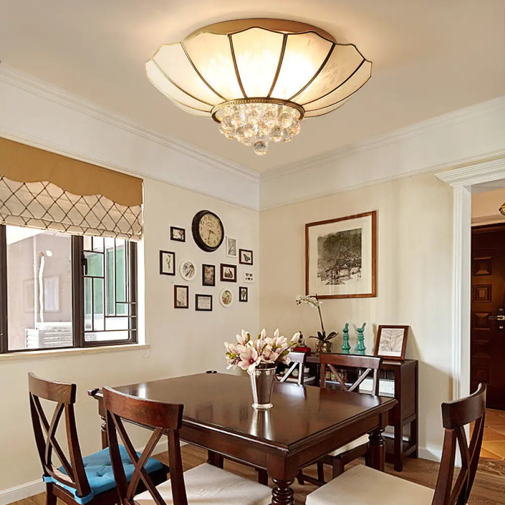 10’/13’ W Scalloped Flush Lamp Vintage White Glass Ceiling Light With Crystal Ball Deco -