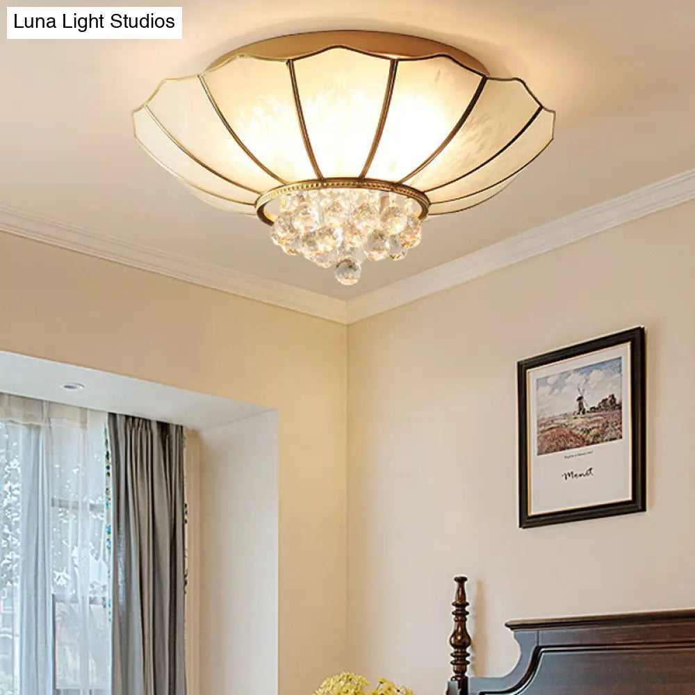 10/13 W Scalloped Flush Lamp Vintage White Glass Ceiling Light With Crystal Ball Deco - Dining Room