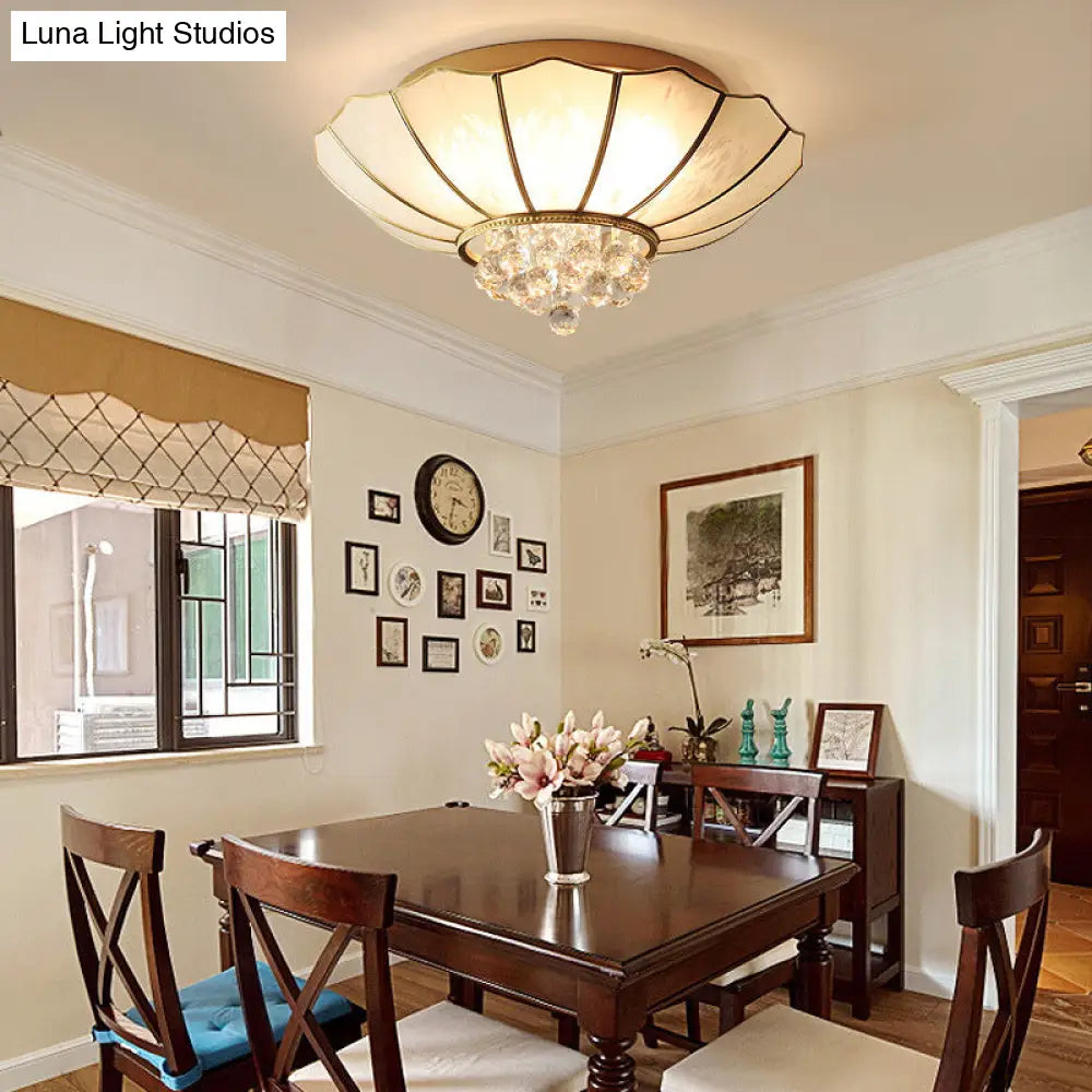 10/13 W Scalloped Flush Lamp Vintage White Glass Ceiling Light With Crystal Ball Deco - Dining Room