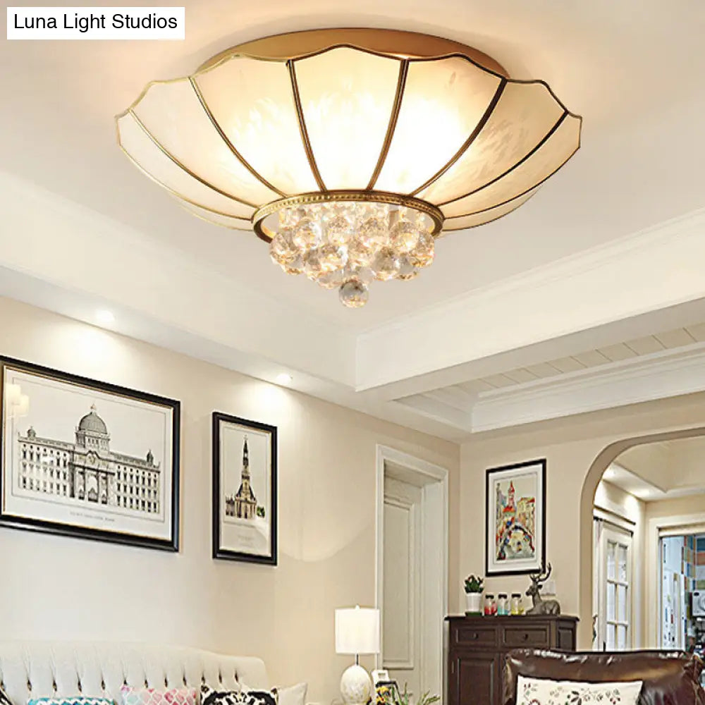 10/13 W Scalloped Flush Lamp Vintage White Glass Ceiling Light With Crystal Ball Deco - Dining Room