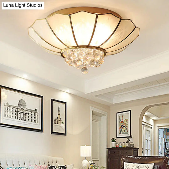 10/13 W Scalloped Flush Lamp Vintage White Glass Ceiling Light With Crystal Ball Deco - Dining Room