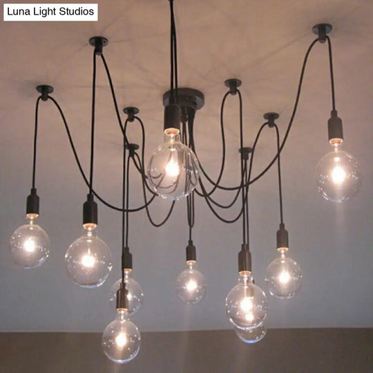 Black Swag Pendant Light With 10 Naked Bulbs For Industrial Style Lighting