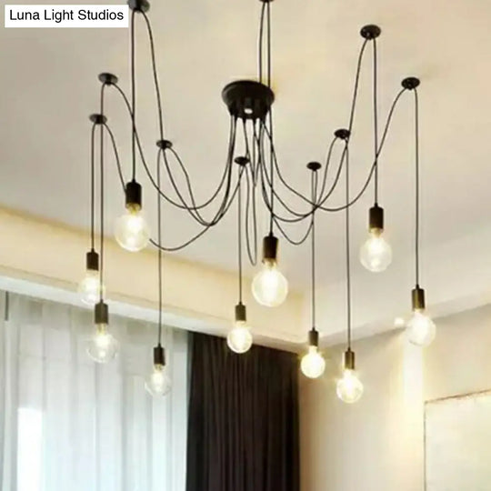 Black Swag Pendant Light With 10 Naked Bulbs For Industrial Style Lighting