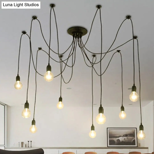 Black Swag Pendant Light With 10 Naked Bulbs For Industrial Style Lighting