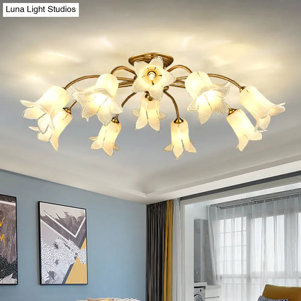 10 - Head Led Semi Flush Mount Ceiling Light For Bedroom With Pastoral Lily/Tulip Glass Shade -