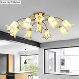 10 - Head Led Semi Flush Mount Ceiling Light For Bedroom With Pastoral Lily/Tulip Glass Shade -