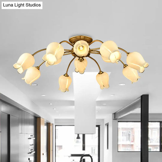 10 - Head Led Semi Flush Mount Ceiling Light For Bedroom With Pastoral Lily/Tulip Glass Shade -