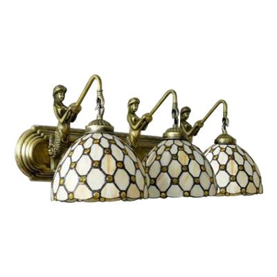Beige Glass Wall Light Fixture - Tiffany 3-Head Brass Sconce Lighting With Mermaid Backplate