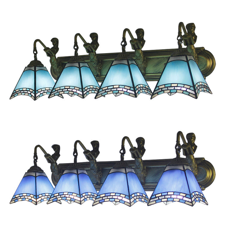 Tiffany Sconce Light Fixture - Trpezoid Wall Mount 4 Heads Dark Blue/Light Blue Glass
