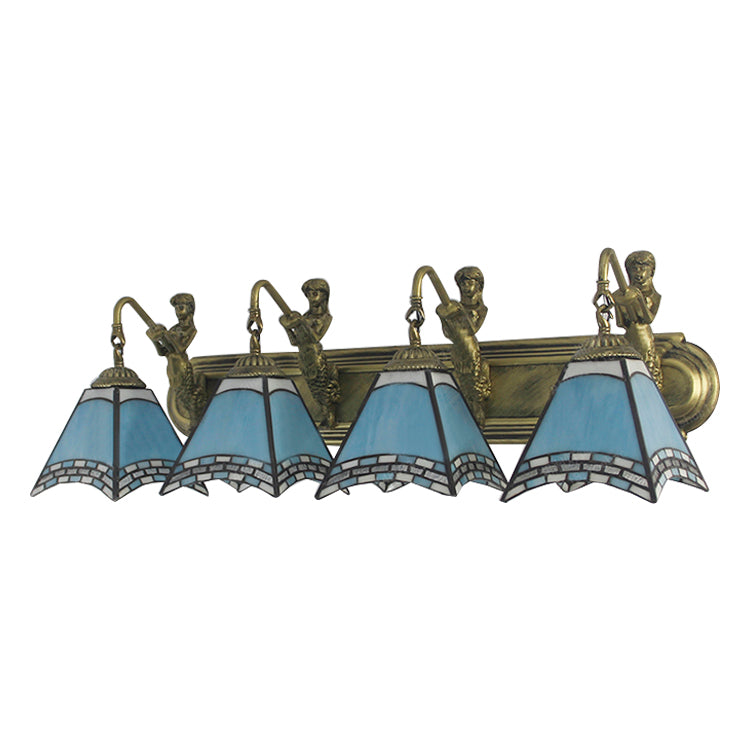 Tiffany Sconce Light Fixture - Trpezoid Wall Mount 4 Heads Dark Blue/Light Blue Glass