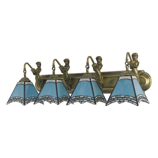 Tiffany Sconce Light Fixture - Trpezoid Wall Mount 4 Heads Dark Blue/Light Blue Glass