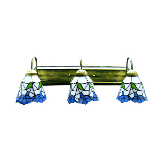 Blue-White Tiffany Glass Sconce Lighting - Bronze Wall Mounted Light With 3 Heads