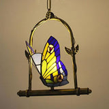 Warm Brass Tiffany Style Butterfly Pendant Light For Balcony - Stainless Glass 1-Light Suspension