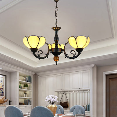 Vintage Stained Glass Pendant Light For Dining Room - Beige Bowl Design With 3 Lights