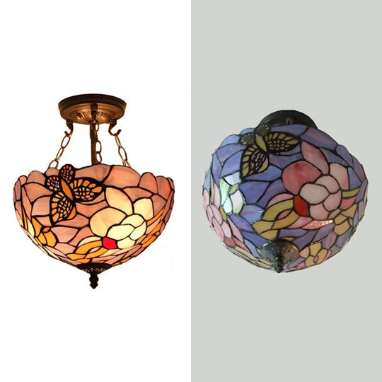 Victorian Floral Semi Flush Led Ceiling Light With Stained Glass Shade - 12’ W