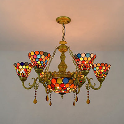 Tiffany Stained Glass Chandelier Light - 7-Light Cone Hanging Fixture With Colorful Circle Pattern