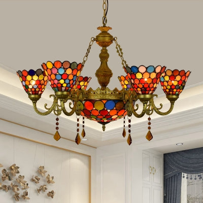 Tiffany Stained Glass Chandelier Light - 7-Light Cone Hanging Fixture With Colorful Circle Pattern