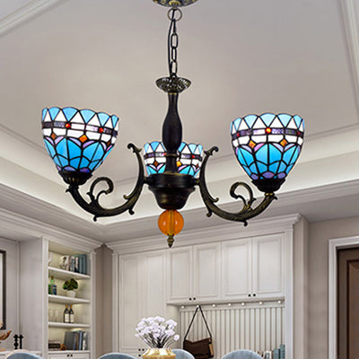 Tulip Pattern Stained Glass Chandelier With 3 Lights For Living Room Blue