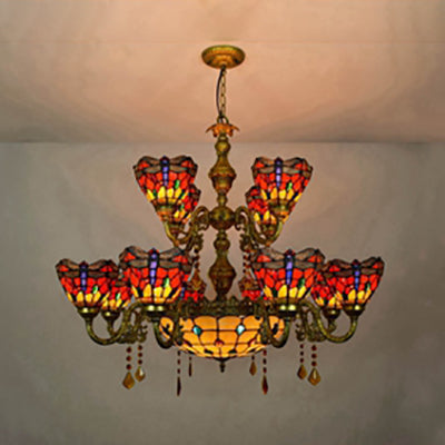 Tiffany Style Dragonfly Stained Glass Dome Hanging Lamp - 13 Lights Inverted Chandelier For Living