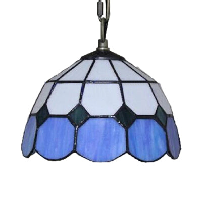Tiffany-Style Bowl Pendant Light In Blue And White - Single Bulb Stained Glass Hanging Lamp