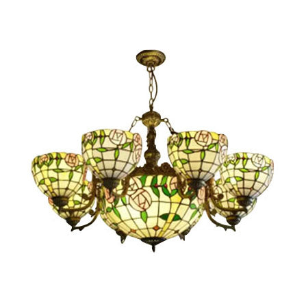 Vintage Stained Glass Chandelier - 8 Arm Industrial Pendant With Center Bowl Ideal For Dining Room