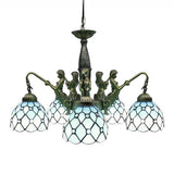 Mermaid Deco Tiffany Blue Cut Glass Dome Pendant Chandelier With 5 Lights