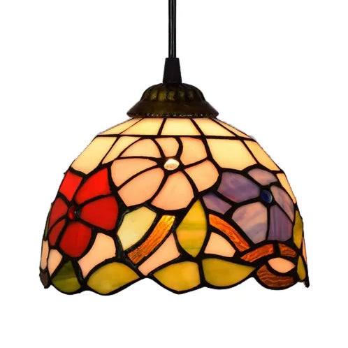 Tiffany Handcrafted Flower Pattern Dome Ceiling Light - 1 Head Black 8’/12’/16’ Width
