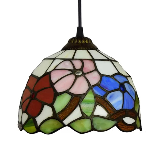 Tiffany Handcrafted Flower Pattern Dome Ceiling Light - 1 Head Black 8’/12’/16’ Width