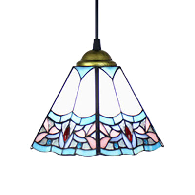 Mediterranean Purplish Blue Stained Glass Pendant Light For Bedroom Ceiling - Wide Flare Shade