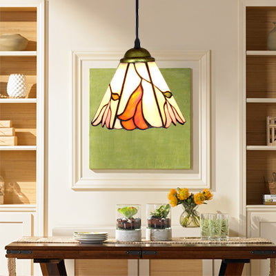 Tapered Orange Pink Stained Glass Pendant Light - Baroque Style Dining Room Fixture