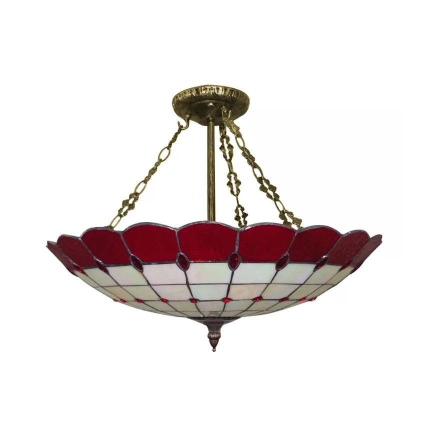 Antique Copper Tiffany Style Bedroom Ceiling Light - 4-Light Domed Semi Flush Mount With Glass