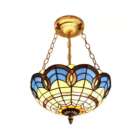 Baroque Style Stained Glass Ceiling Light For Bedroom - Chain Mounted Semi Flush Mount Bowl Lighting