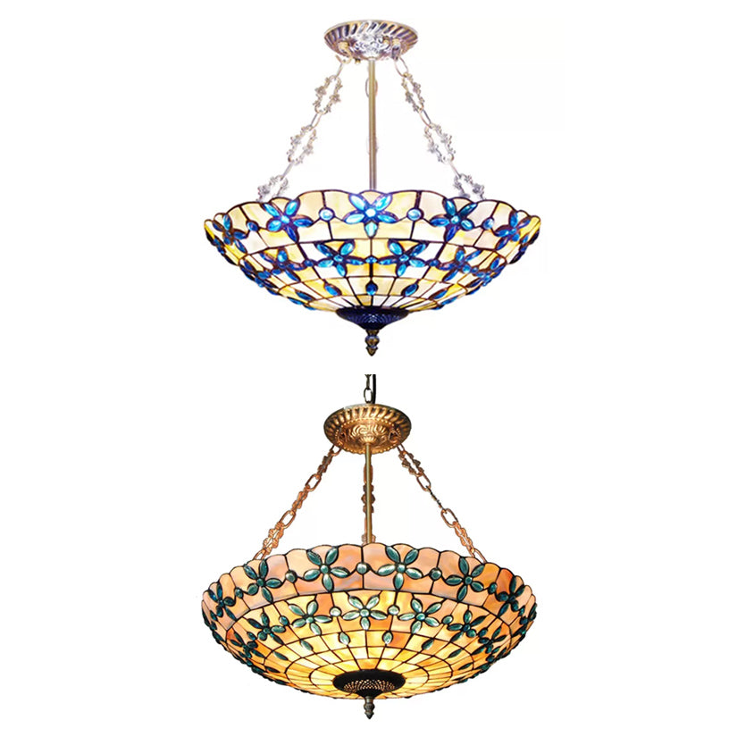 5-Light Stained Glass Dome Semi Flush Ceiling Light In Antique Brass - Tiffany Style For Bedroom