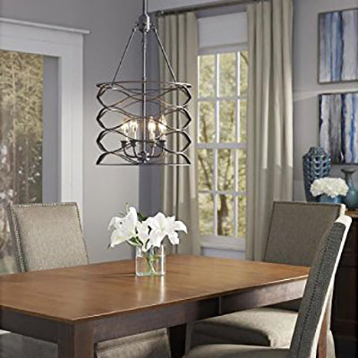 Industrial Iron Cage Shade Hanging Lamp – Black Cylindrical Design 4 Bulb Chandelier For Dining Room