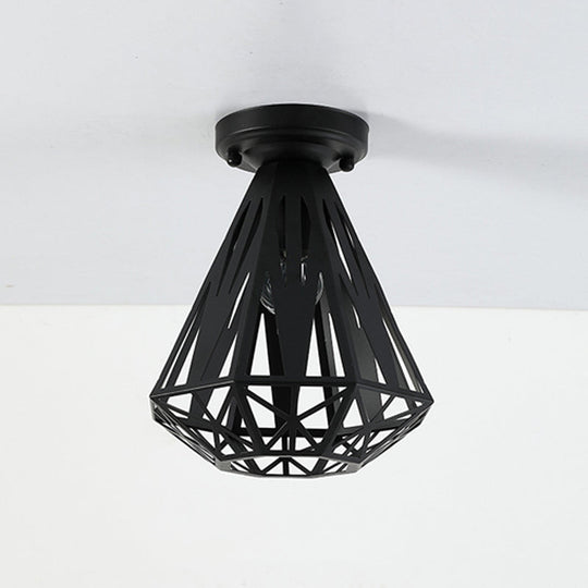Simple Small Diamond Cage 1-Light Flush Mount Iron Ceiling Light In Black/White