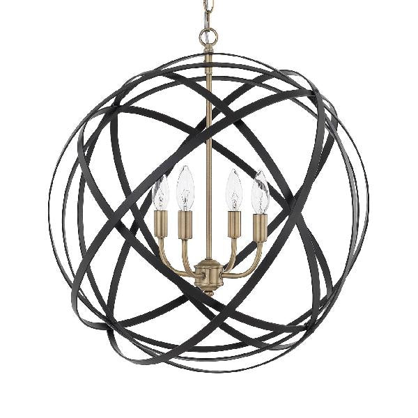 Vintage Spherical Cage Chandelier - Stylish 4-Light Metallic Hanging Lamp Black Finish For Farmhouse