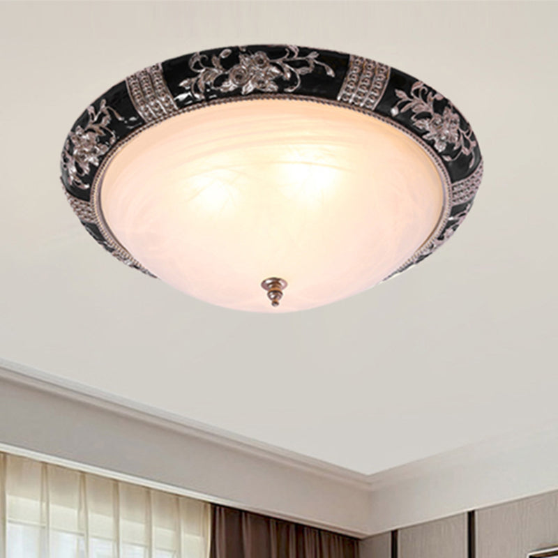 Black - Gold Semi - Orb Flush Mount Lamp With Satin Glass Shade For Hallway / 14’